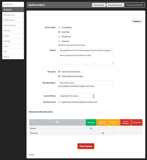 Subscribe to status changes and incident updates .